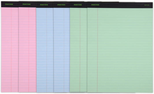 Mintra Office Legal Pads, ((Basic 6pk - (Pastel Version #3), 8.5in x 11in, Wide Ruled)) - Includes 2 Blue Writing Pads, 2 Pink Writing Pads and 2 Green Writing Pads
