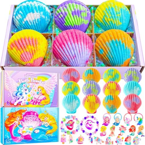 Shell Bath Bombs for Girls – 12 Pack Child-Safe Aromatherapy Bath Bombs with 20 Surprise Toys Inside, 6 Fruity Scents in 2 Gift Boxes (Mermaid & Unicorn Themes), Christmas Gift for Kids
