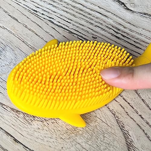 Premium Sensory Brush for Kids or Autism,Soft Silicone Body Scrubber,2 in 1 Sensory Room Occupational Therapy Sensory Brushes,Silicone Loofah,Pet Shower Brush Bath Brush Shampoo Brush(Whale-Yellow)