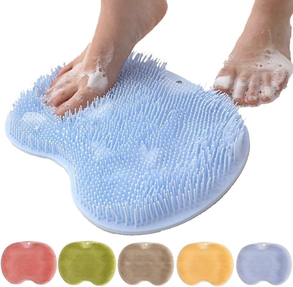 Shower Foot and Back Scrubber Massage Pad, Wall-Mounted Back Scrubber with Non-Slip Suction Cups, Bathroom Shower Foot Scrubber Mat Exfoliating Bath for Women and Men (Blue)