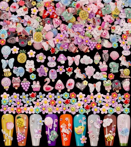 1 Pack of 250pcs Cute & Sweet 3D Nail Charms for Acrylic Nails, Perfect for Nail Art Decorations & DIY Accessories Crafts，Flower Bee Pineapple Bear Charms for Nail (#1-multi-color)
