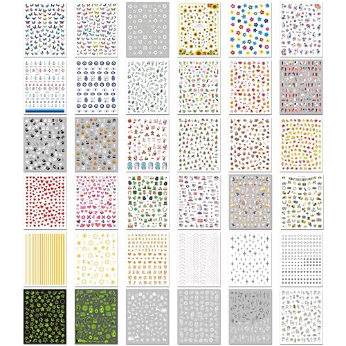 winthrop 36 Sheets All Holiday Nail Art Stickers, Mixed Season Nail Decals Set for All Year, Spring Summer 3D Self-Adhesive Colorful Pegatinas Uñas Daisy Butterfly 4th of July Halloween Christmas