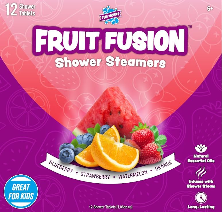 Tub Works® Fruit Fusion™ Shower Steamers for Kids, Variety 12 Pack | Fresh & Fruity Shower Steamers Aromatherapy | Fun Shower Bombs | Alternative to Kids Bath Bombs for a Sensory Shower Experience