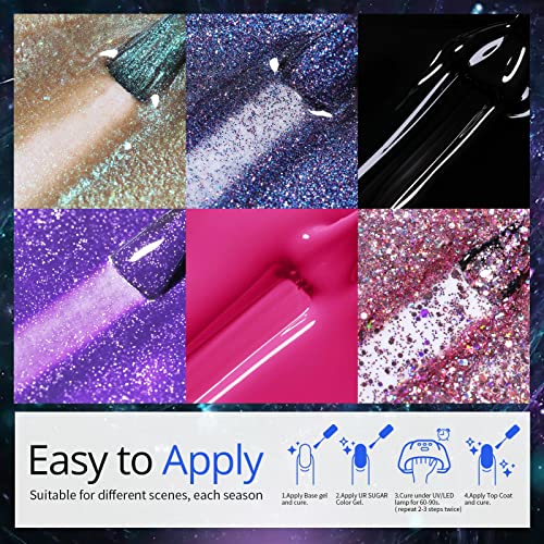 UR SUGAR Glitter Gel Nail Polish Set, 6 Colors Glitter 9D Cat Magnetic Black Nail Polish Color Changing Gel Polish Kit Hot Pink Purple Gold Colors Soak Off Gel Nails Kit Manicure Gift for Women