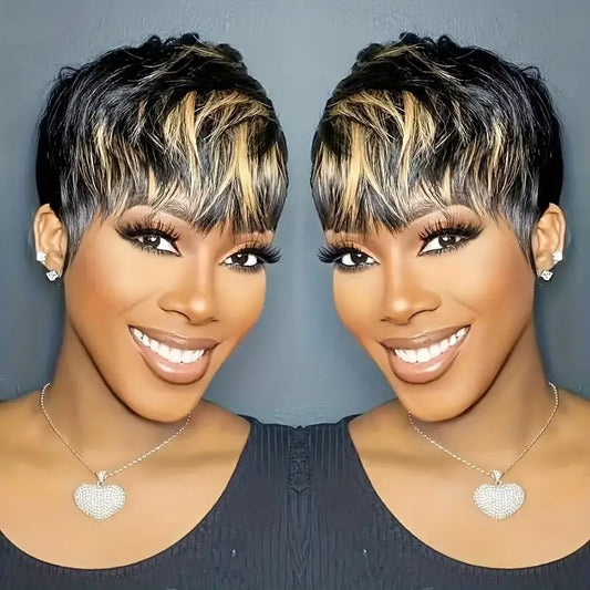 Short Pixie Cut Wig for Black Women Human Hair 1B30 Colored Short Layered Pixie Wigs With Bangs for Women Brazilian Virgin Straight Human Hair Glueless Wig (1b/30)