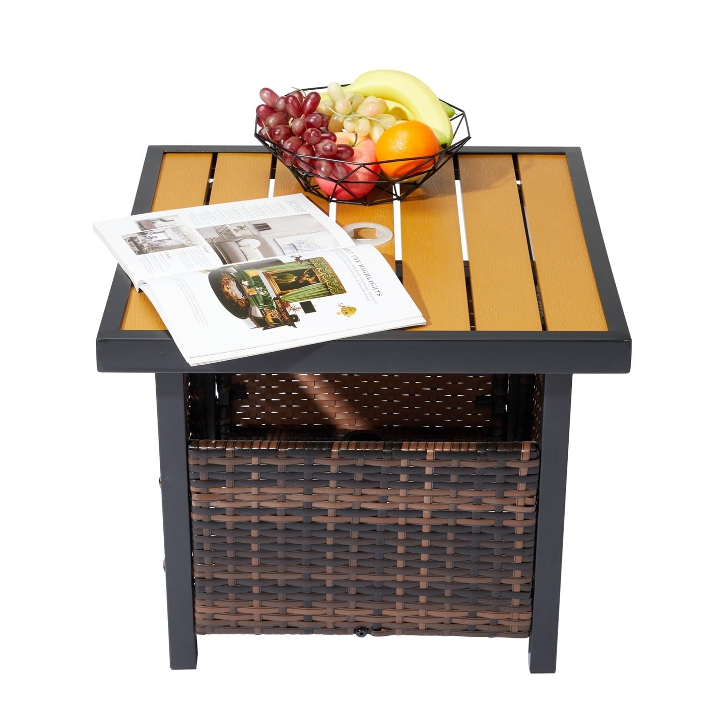 Funnil Patio Wicker Rattan Steel Side Table with Umbrella Hole, All-weather Use Rattan Coffee End Table for Deck, Porch, Garden, Indoor&Outdoor, Brown