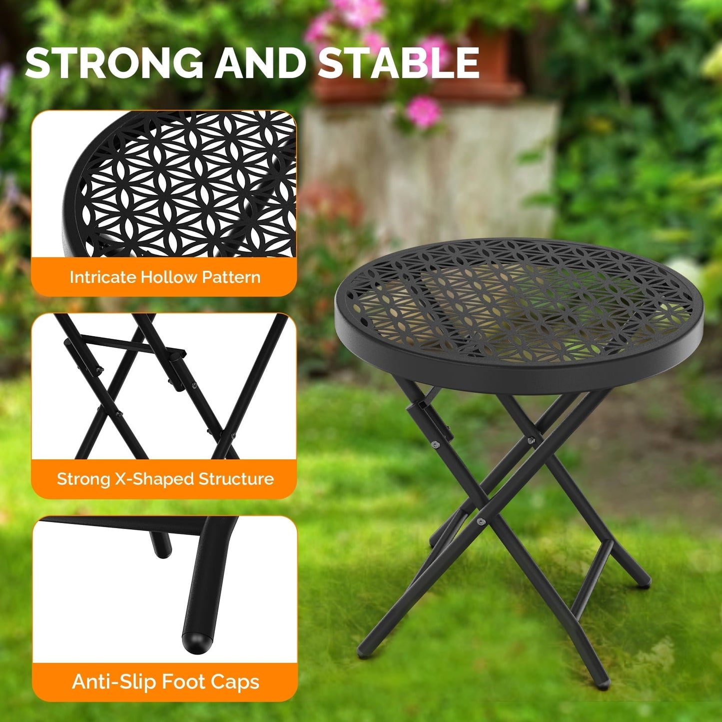 Ktaxon Folding Side Table, Patio Small End Table with X-Shaped, Outdoor Metal Floral Pattern Table for Balcony  Porch Backyard Deck, Black