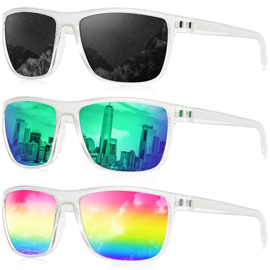 KALIYADI Polarized Sunglasses Men, Lightweight Mens Sunglasses Polarized UV Protection Driving Fishing Golf (Frame Clear|Lens Black/Green/Red)
