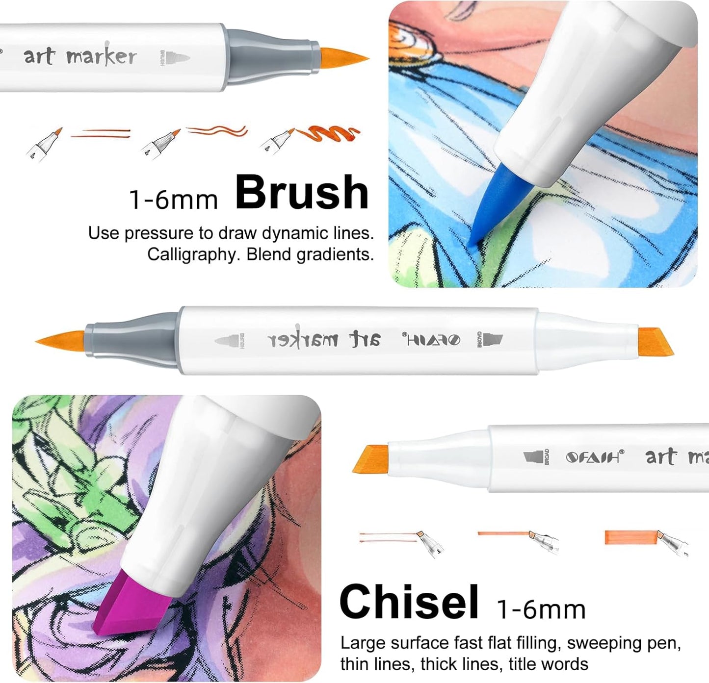 SFAIH Alcohol Markers Brush Tip & Chisel Tip - 72 Colors Double Tipped Art Markers for Adult Coloring Books Illustration, Gifts for Artist Adult - Refillable Alcohol-based Ink
