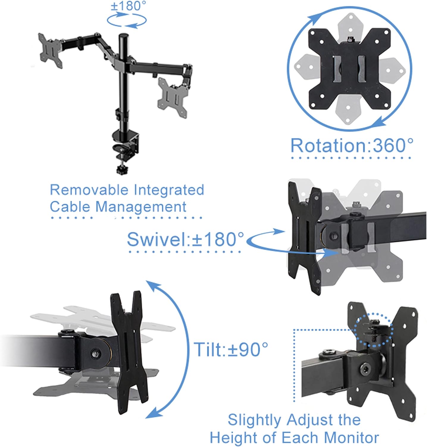 Rocelco 46" Large Height Adjustable Standing Desk Converter with Double Monitor Mount Arm BUNDLE - Quick Sit Stand Up Computer Workstation Riser - Retractable Keyboard Tray - Black (R DADRB-46-DM2)