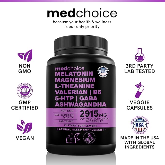 12-in-1 Melatonin Sleep Capsules - Natural Sleep Aids for Adults with Melatonin 5mg and Magnesium Glycinate 500mg, Sleep Aid with Ashwagandha, L Theanine, Valerian Root, GABA, 5-HTP (90ct, Pack of 3)