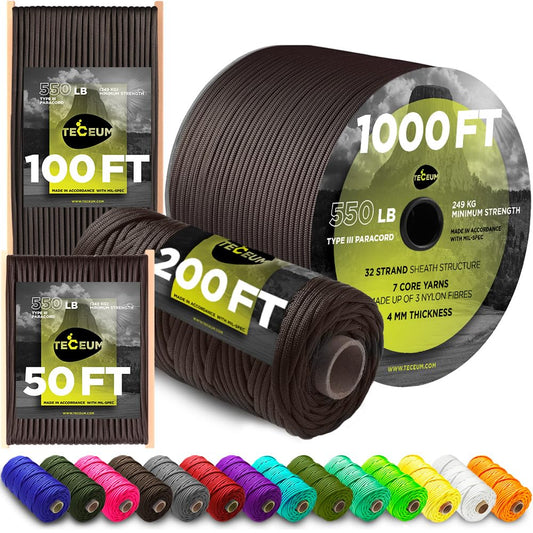 TECEUM Paracord Type III 550 Chocolate – 50 ft – 4mm – Tactical Rope MIL-SPEC – Outdoor para Cord – Camping Hiking Fishing Gear – EDC Parachute Cord – Strong Survival Rope 014