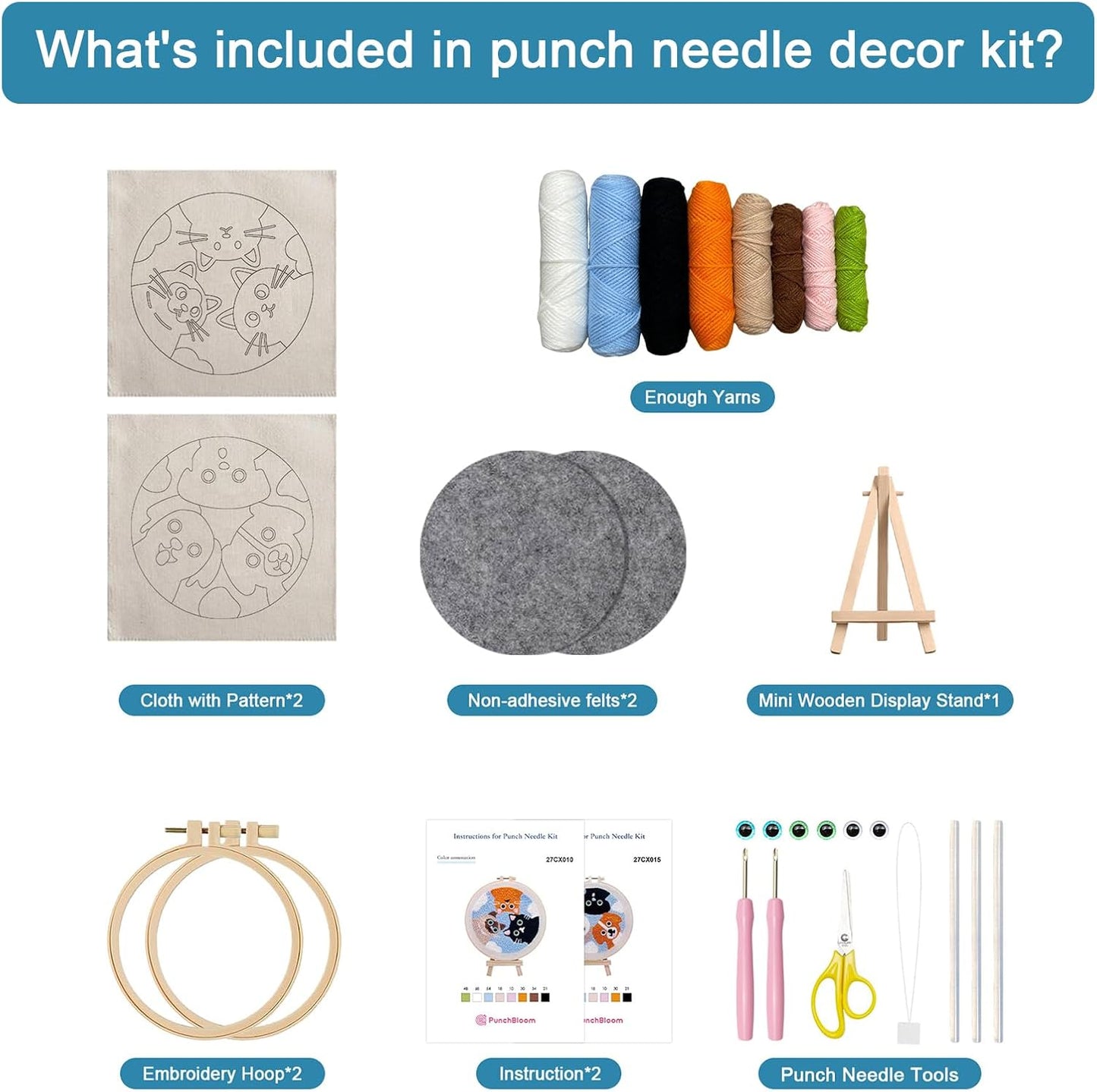 Punch Needle Kit for Adult Beginner, 2-Pcs Puppy & Cat Punch Starter Kit – Easy Punch Embroidery Stitch Set with Instructions – Fun Needle Point Craft for Table Decor & Gift Idea