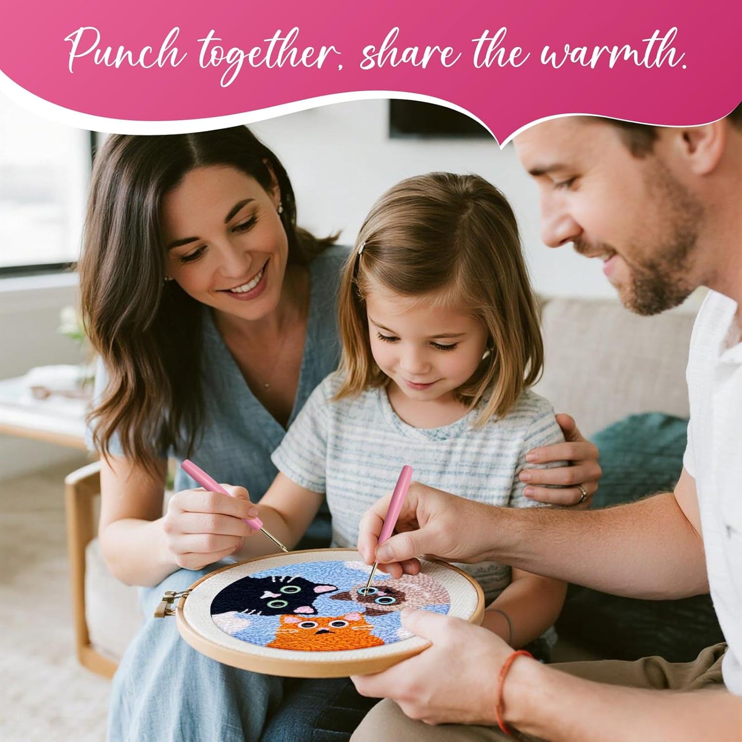 Punch Needle Kit for Adult Beginner, 2-Pcs Puppy & Cat Punch Starter Kit – Easy Punch Embroidery Stitch Set with Instructions – Fun Needle Point Craft for Table Decor & Gift Idea