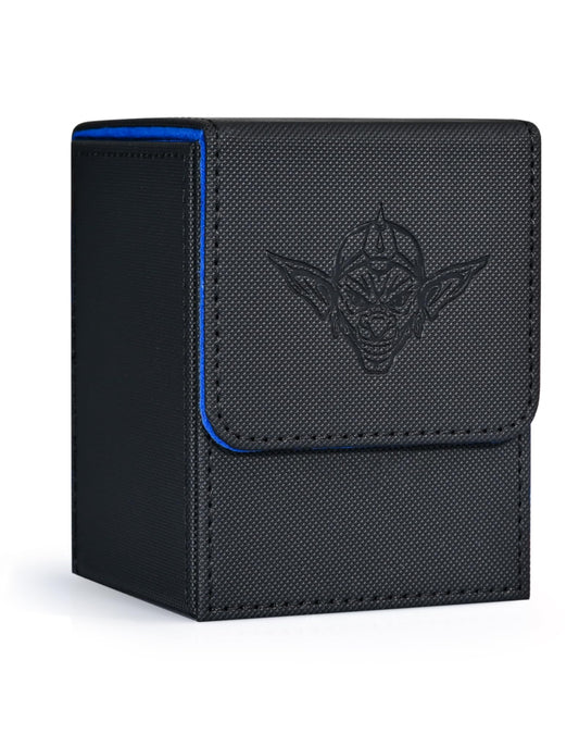 ZLCA Card Deck Box for Trading Cards with 2 Dividers, Card Storage Box Fits 100+ Single Sleeved Cards, PU Leather Strong Magnet Card Deck Case Holder for Magic Commander TCG CCG (Black&Blue,Goblin)