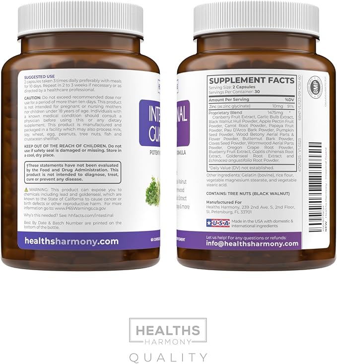 Intestinal Guard (Non-GMO) - Potent Natural Formula with Wormwood, Black Walnut, Goldenseal, PAU D'Arco, Clove, Garlic, More - All in One Supplement - 60 Capsules (No Pills)