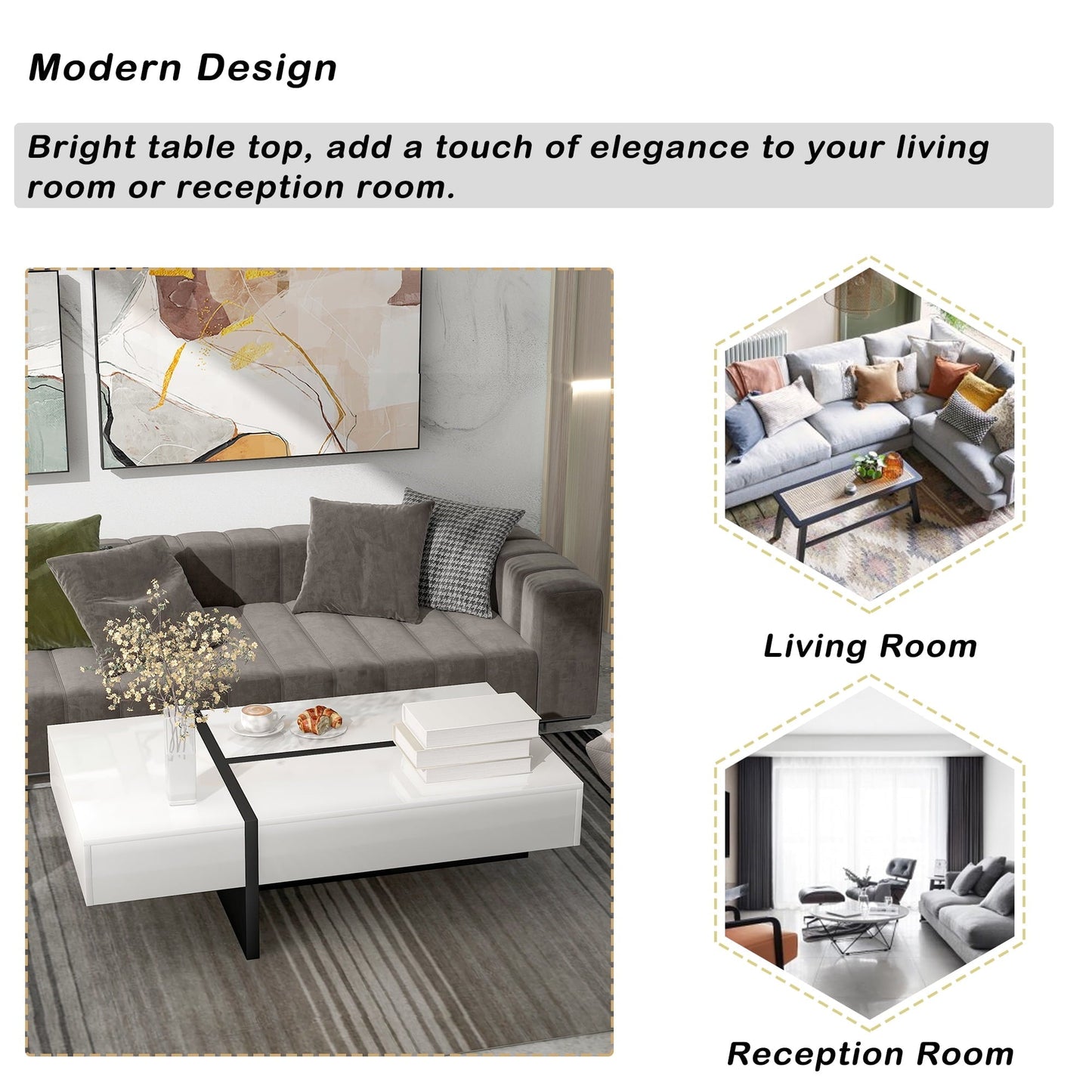 Dovelina Contemporary Rectangle Coffee Table with High Gloss Surface, Modern Center Table for Sofa or Upholstered Chairs, 45.2" x 25.5" x 13.7", White