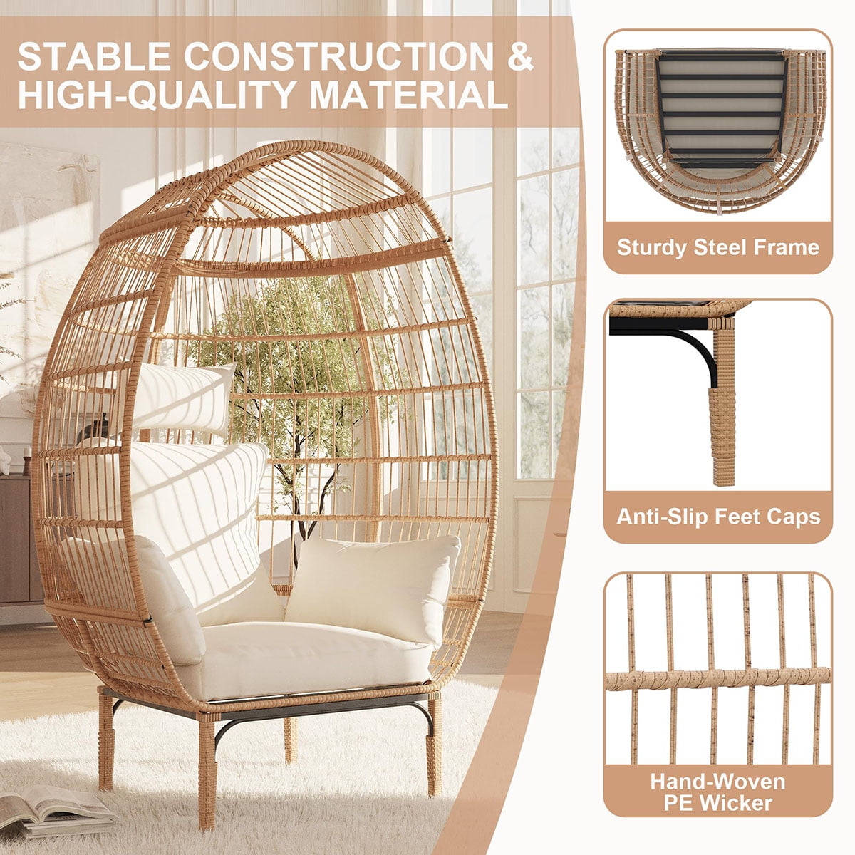 Danolapsi Wicker Egg Chair Outdoor, Oversized Egg-Shaped Chair with Metal Frame Stand, 500 Lbs Capacity Oversized Attan Egg Lounge Chairs for Patio, Backyard, Living Room