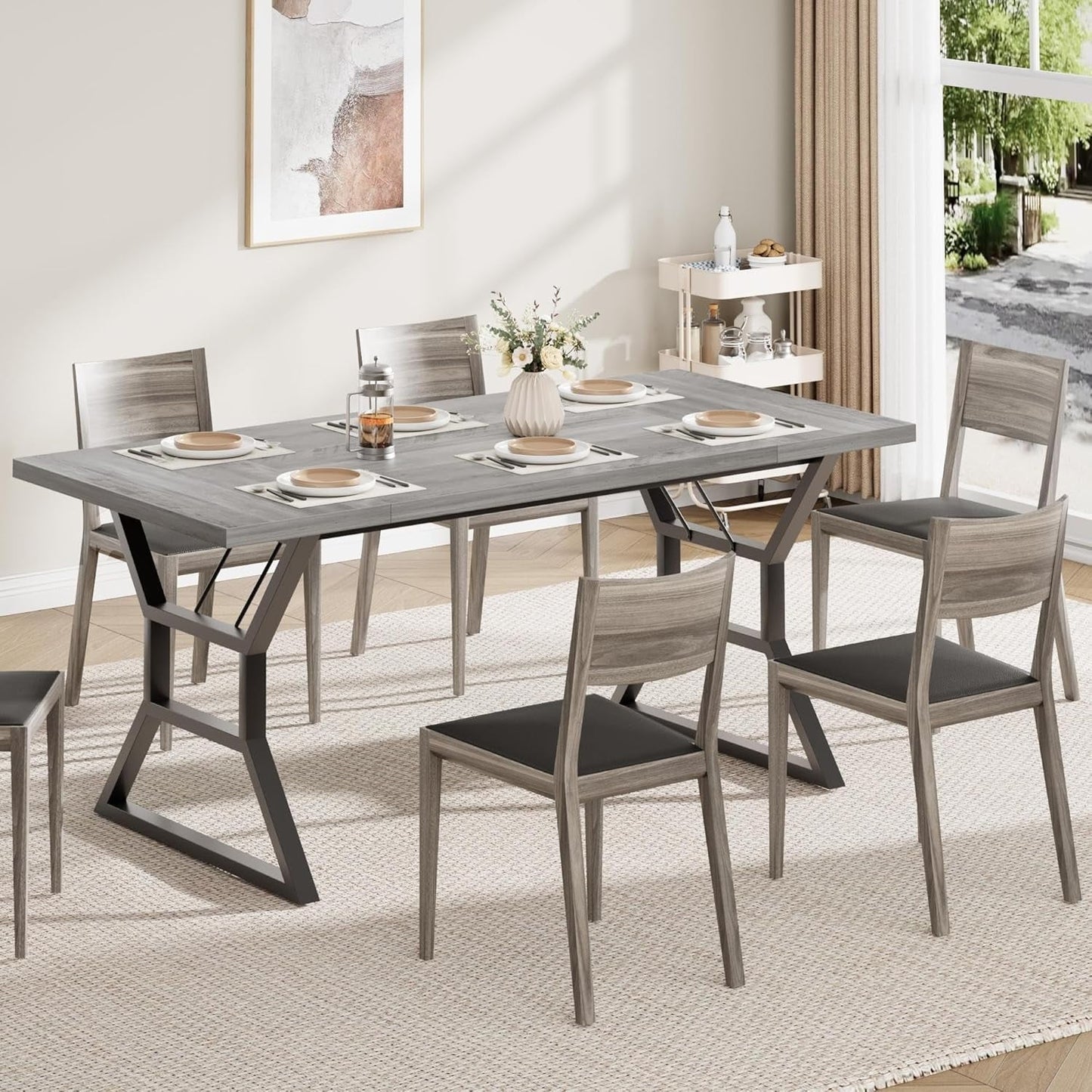 Farmhouse Dining Table for 6, Rectangular Wood Dining Table, Rustic Kitchen Table with Extra Heavy Duty Metal Legs for Dining Room, Outdoor Table for Party, 70.9 * 29.5 * 29.3 Inch (Grey)