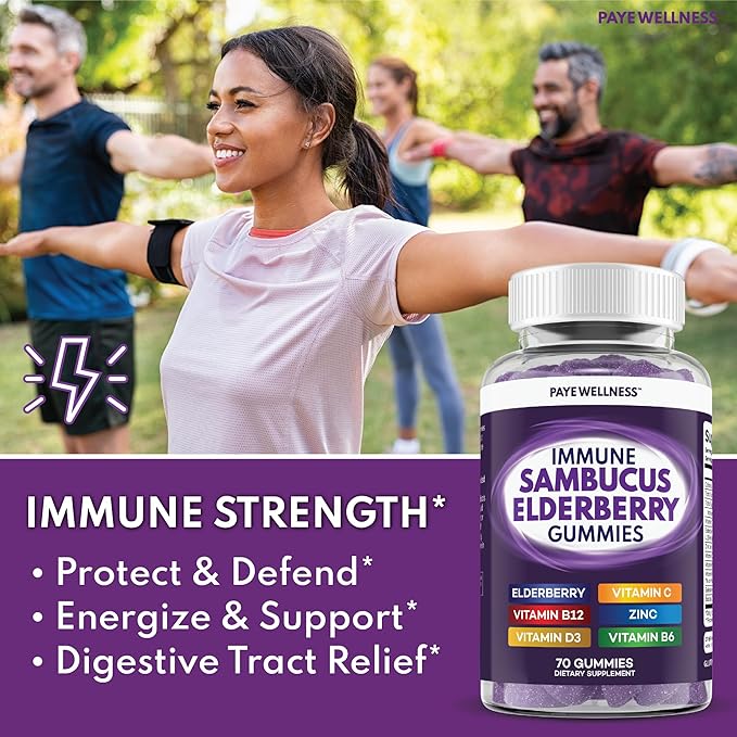 Elderberry Gummies Immune Support, Daily Support for Kids and Adults*, with Sambucus Elderberry, Zinc, Vitamin C, D3, B6, B12, Plus - Dietary Supplement - 140 Count