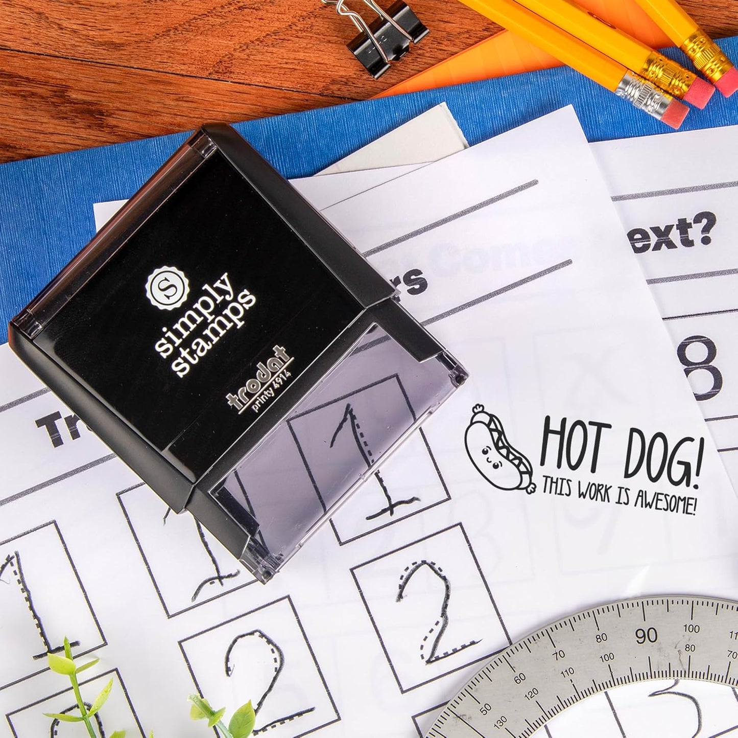 Custom Self-Inking Custom Stamps | 49 Designs | Fun Phrases | Grading Made Easy | Classroom and Library Book Stamps (Hot Dog!, Xtra Wide)