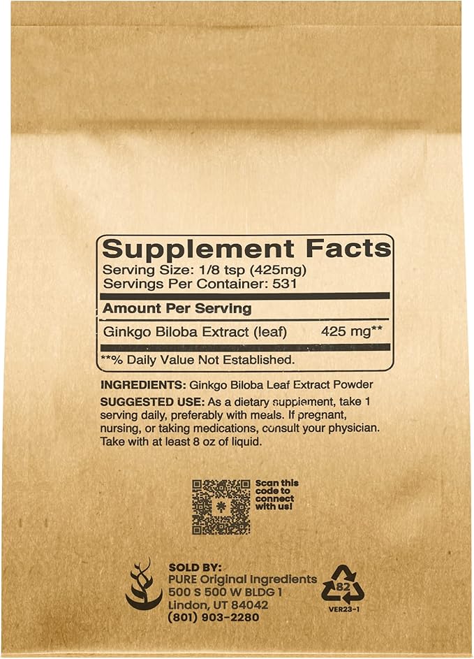 Pure Original Ingredients Ginkgo Biloba Powder (8 oz) Always Pure, No Fillers Or Additives, Lab Verified