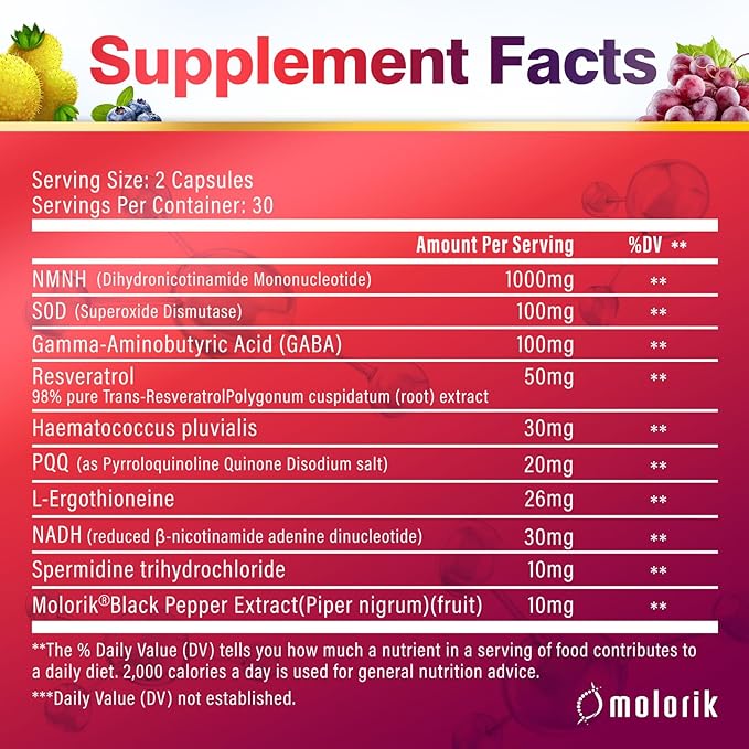 NMNH (Dihydronicotinamide Mononucleotide), 1000mg Per Serving NAD High Purity Supplement Alternative, Capsules Gluten Free, Non-GMO, for Anti-Aging, Energy, Focus - 053