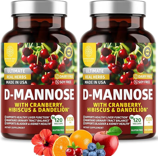 Number One Nutrition Premium D Mannose with Cranberry and Hibiscus [Max Strength, 1350mg] (120 Count (Pack of 2))