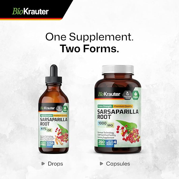 BIO KRAUTER Sarsaparilla Root Tincture - Herbal Liquid Extract Supplement for Liver Support - Alcohol & Sugar Free Sarsaparilla Extract - Vegan Drops 4 Fl.Oz.