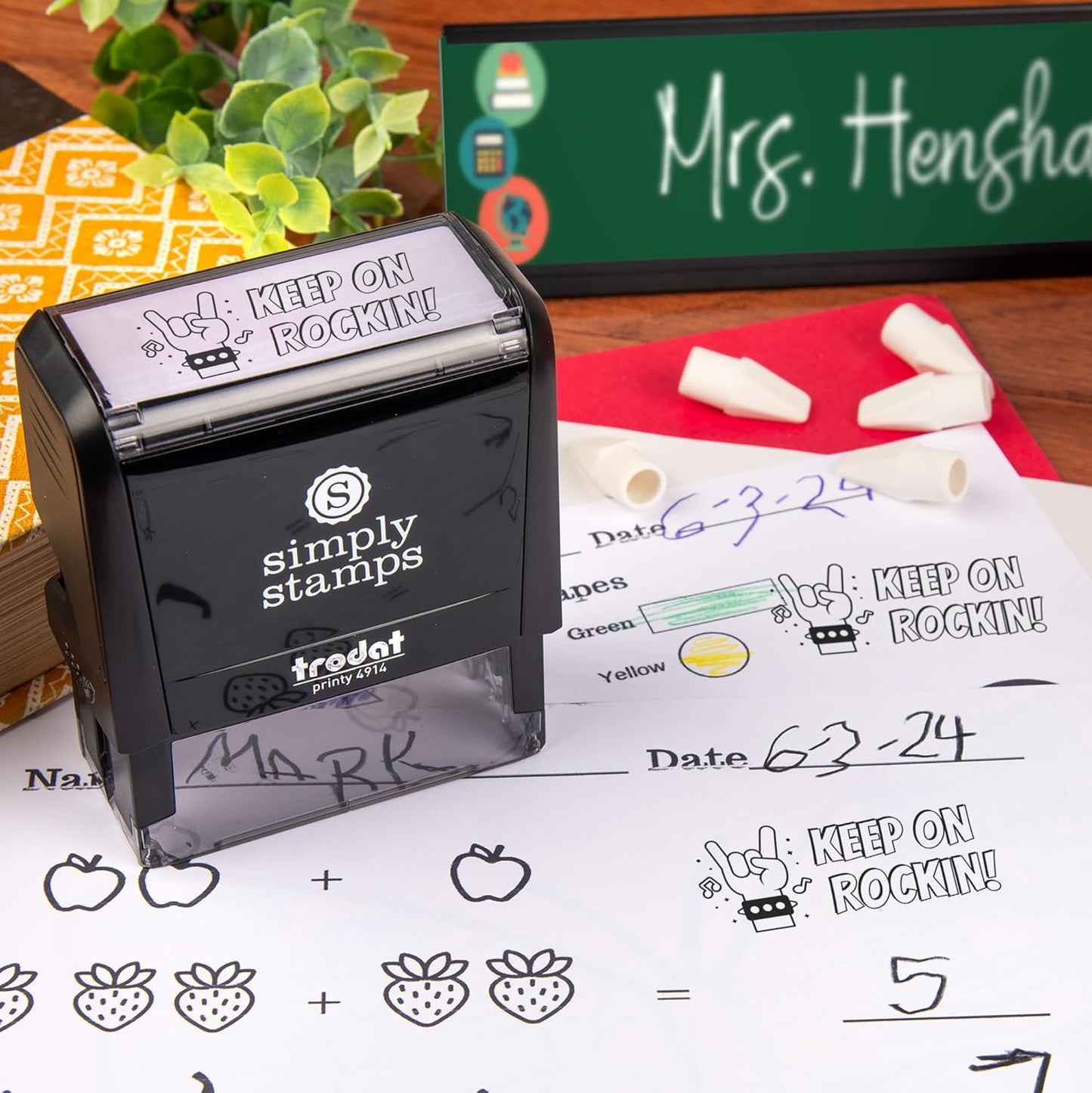Custom Large Self-Inking Book Stamps | 49 Fun Phrases | Grading Made Easy | Classroom, Library & Book Stamps (Keep on Rockin!)