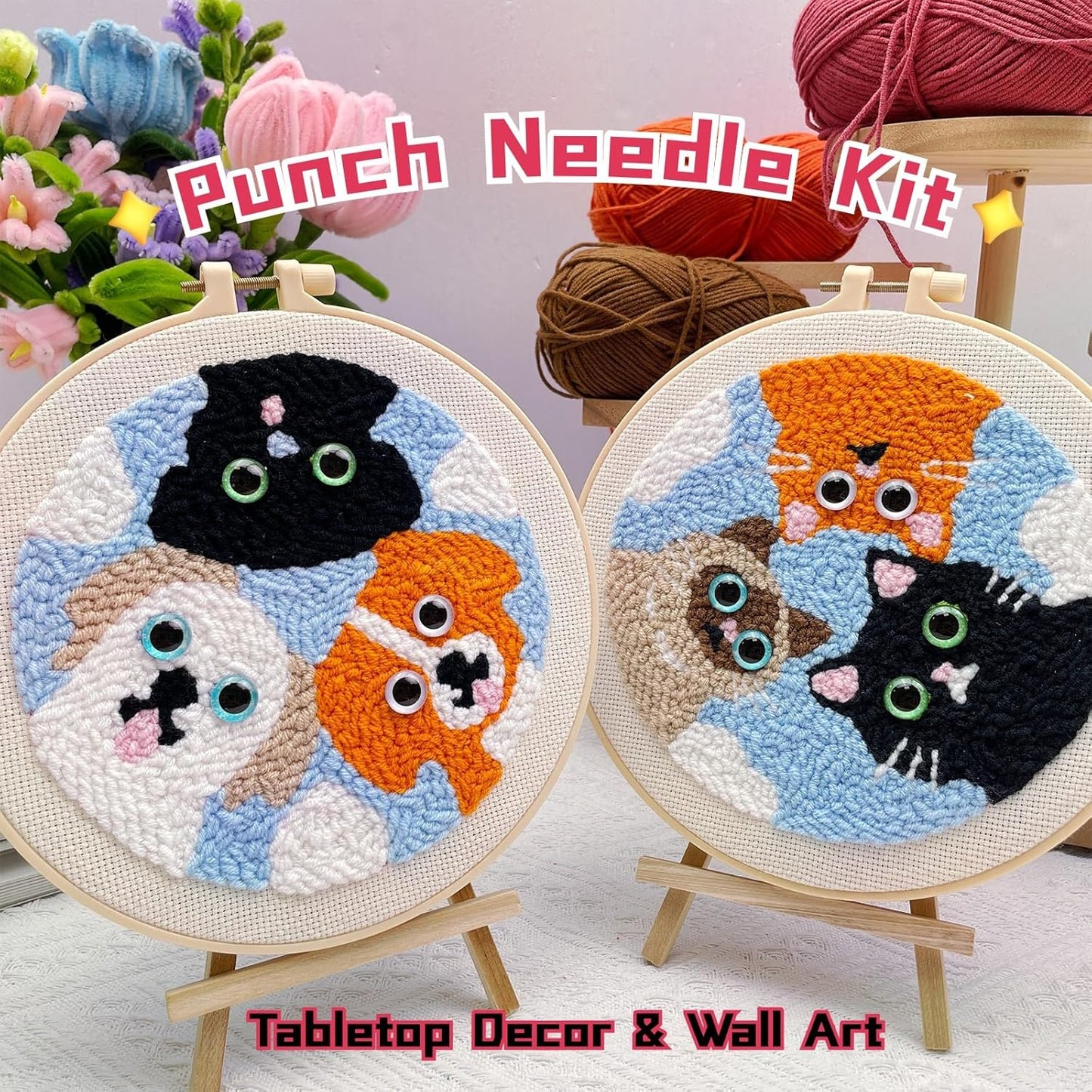 Punch Needle Kit for Adult Beginner, 2-Pcs Puppy & Cat Punch Starter Kit – Easy Punch Embroidery Stitch Set with Instructions – Fun Needle Point Craft for Table Decor & Gift Idea