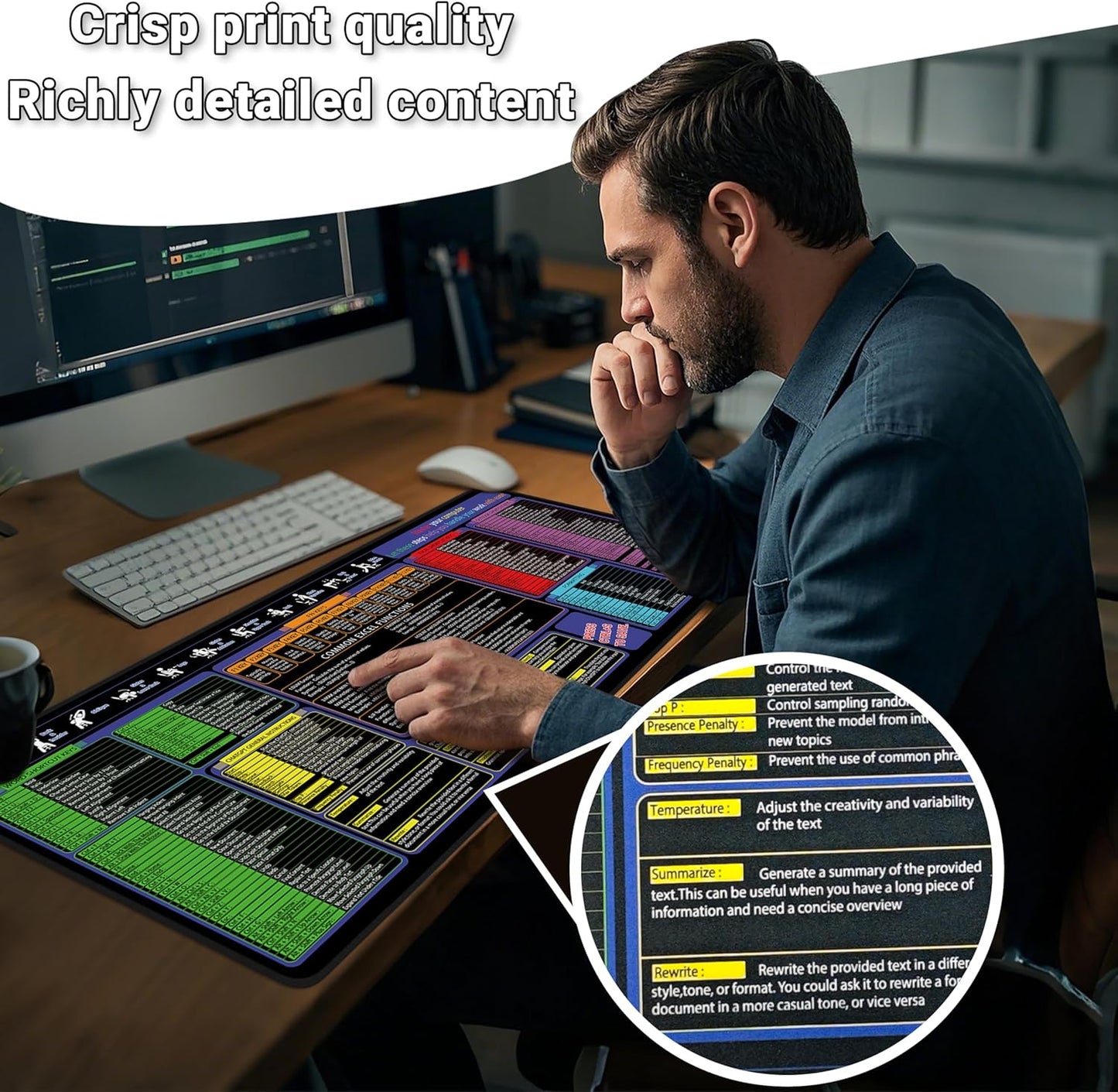 Mouse Pad with Excel, Word, Shortcuts – Excel Cheat Sheet Desk Pad – Portable Computer Mousepad – Gaming, Office, Waterproof, Non-Slip, Stitched Edges 35.5 x 15.7inches x 3mm