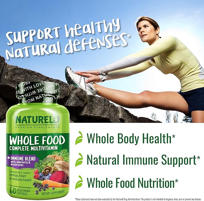NATURELO Whole Food Multivitamin + Immune Blend with Elderberry & Mushrooms - Complete Multivitamin with Extra Immune Support - C, D3, Zinc, Elderberry, Reishi, Shitake - 60 Vegan Capsules