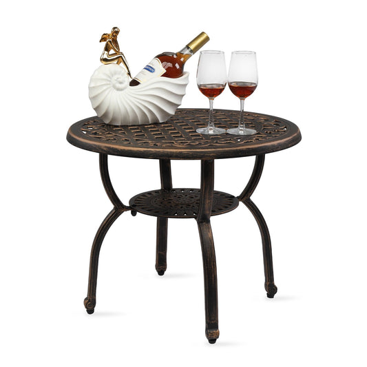 Cast Aluminum Outdoor Round Anti-Rust Side Table - Patio Bistro End Table for Indoor/Outdoor Garden Porch Balcony, Antique Bronze