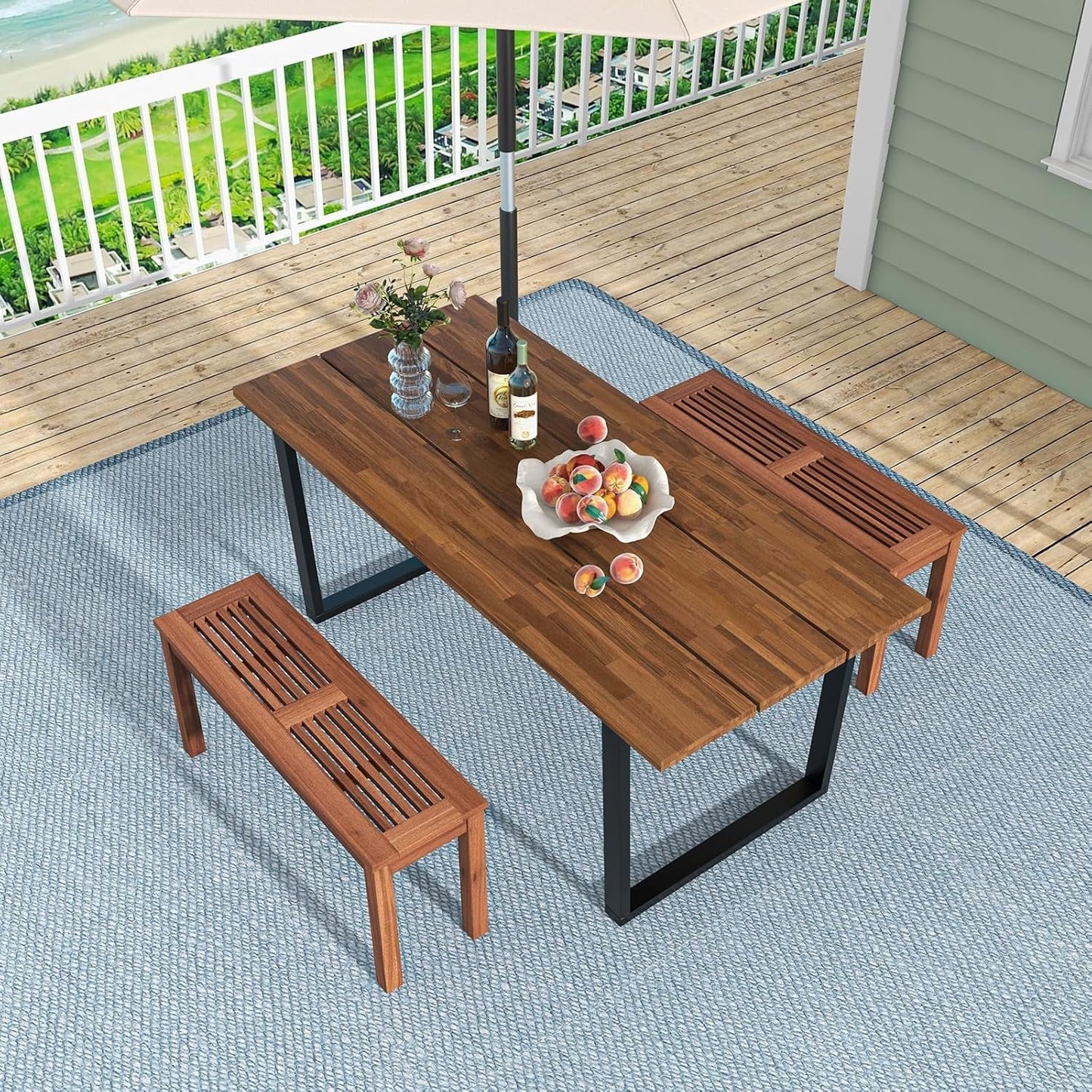 Sycol Outdoor Backless Bench, Patio Dining Bench with Breathable Slatted Seat, 2-Seat Rustic Wood Bench for Entryway, Garden, Backyard, Deck, Natural