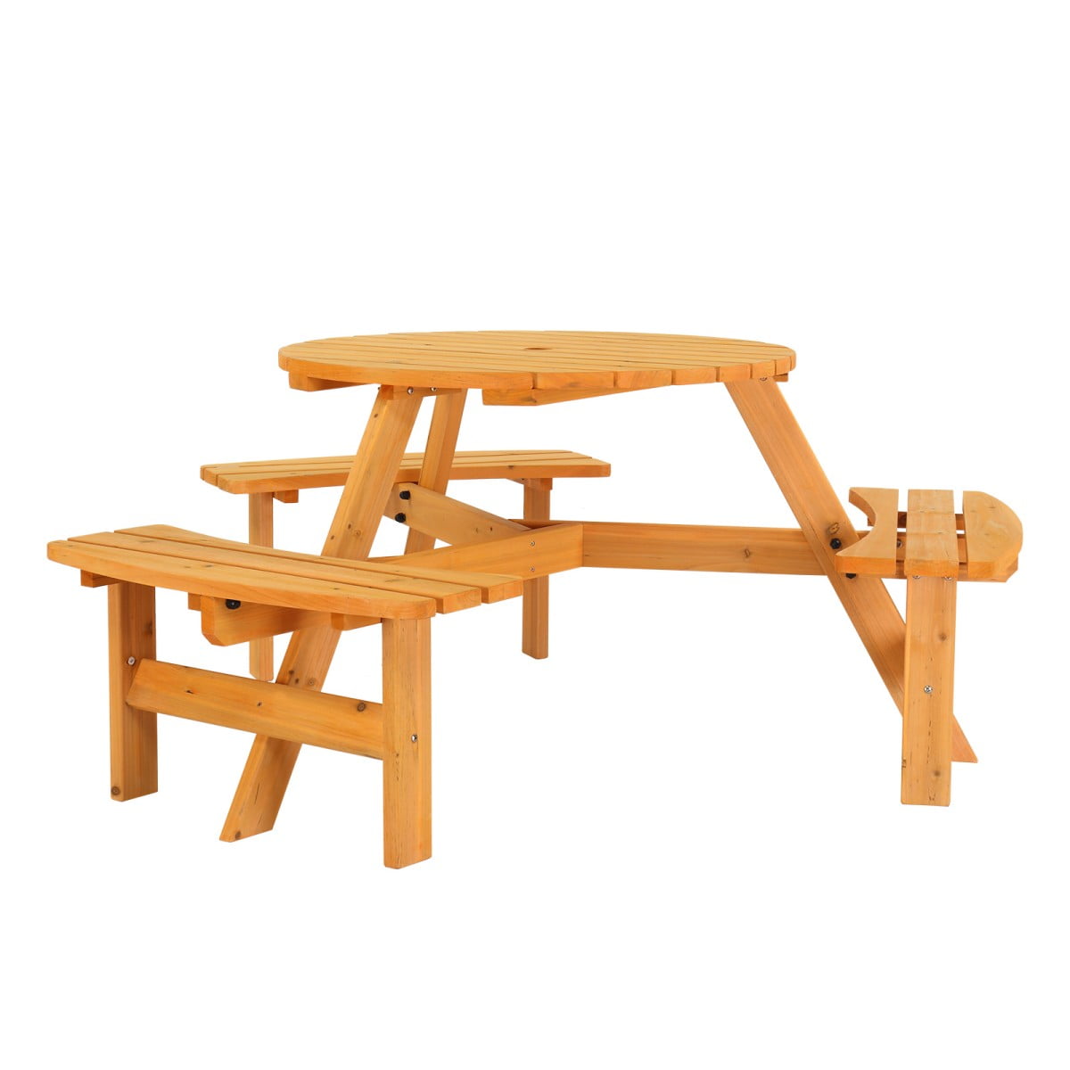 IVV 6-Person Round Wooden Picnic Table with 3 Built-In Benches, Outdoor Patio Dining Table with 2" Umbrella Hole, Fir Wood Picnic Table for Garden, Backyard, Park (Natural)