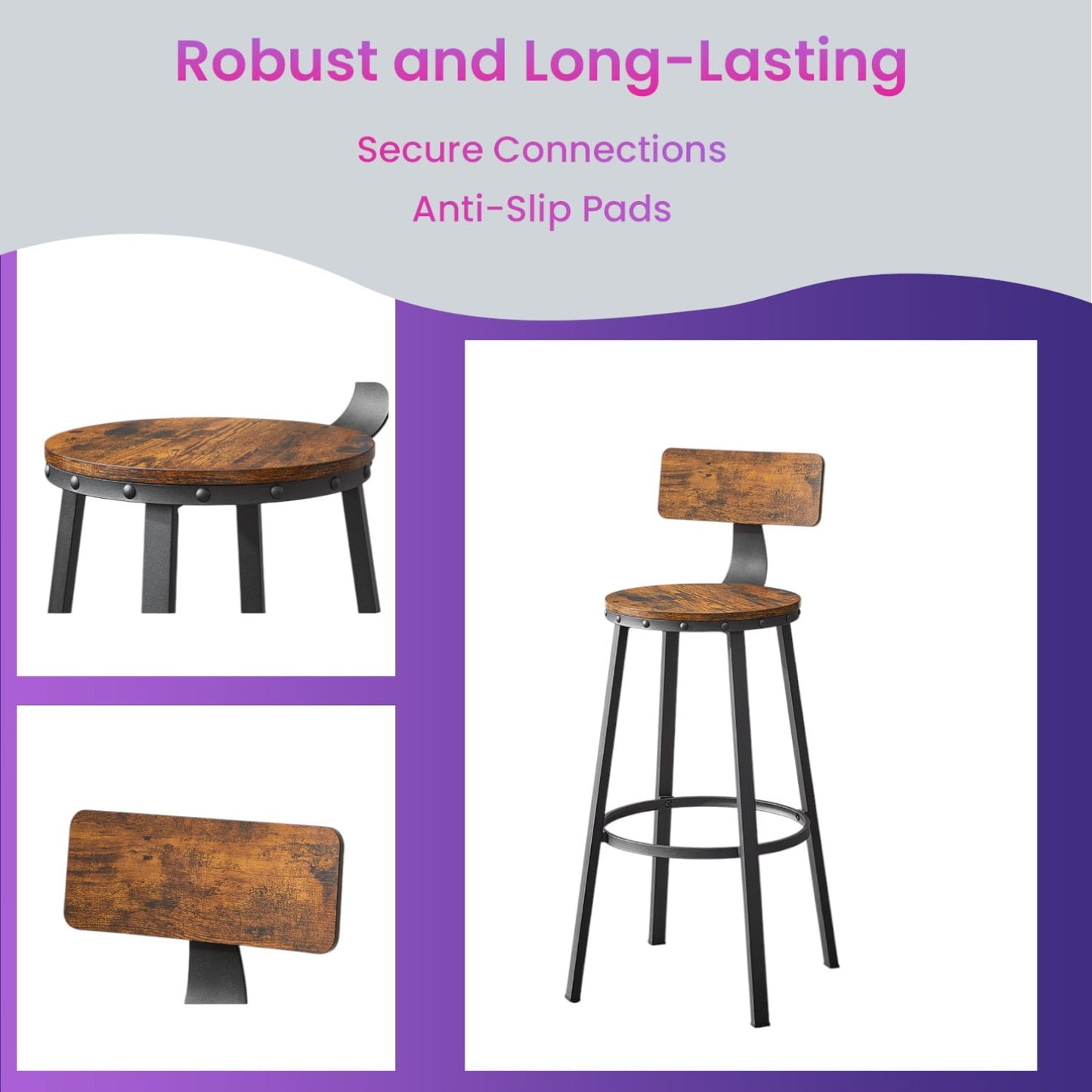 LEDREM Bar Stools Set of 2, Counter Height Barstools with Backrest & Footrest, 28.7" Sturdy Steel Frame, Ergonomic Design for Kitchen,Dining,Bar, Rustic Brown & Black
