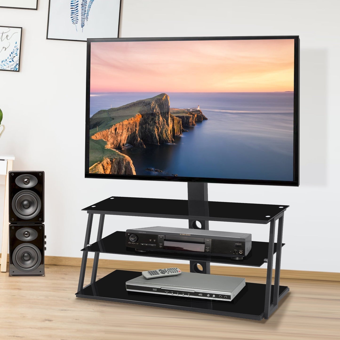5-Tier Tempered Glass Side Table Stainless Steel Frame End Table for Living Room, Bedroom, Black